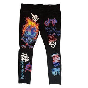 GFTD LA Iris Painted Black Jeans Men Size 42 Skinny Baggy Graffiti Streetwear‎